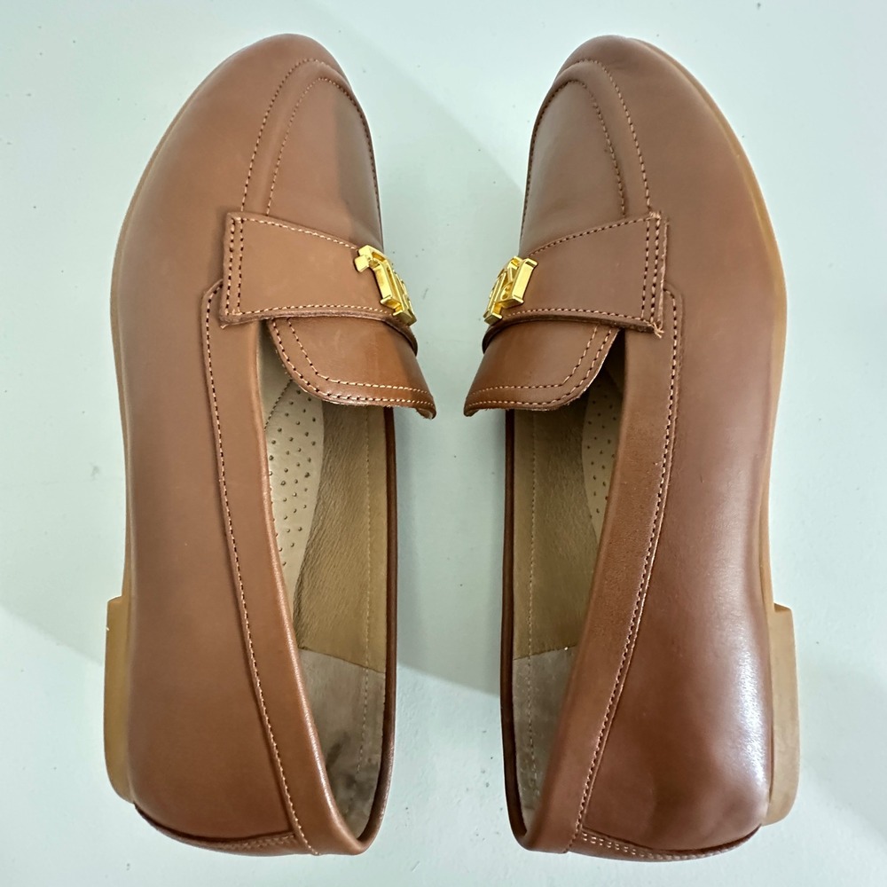 LRL Ralph Lauren Averie Brown Leather Loafers Gold Monogram Womens 8 US 39 EU - Picture 8 of 11
